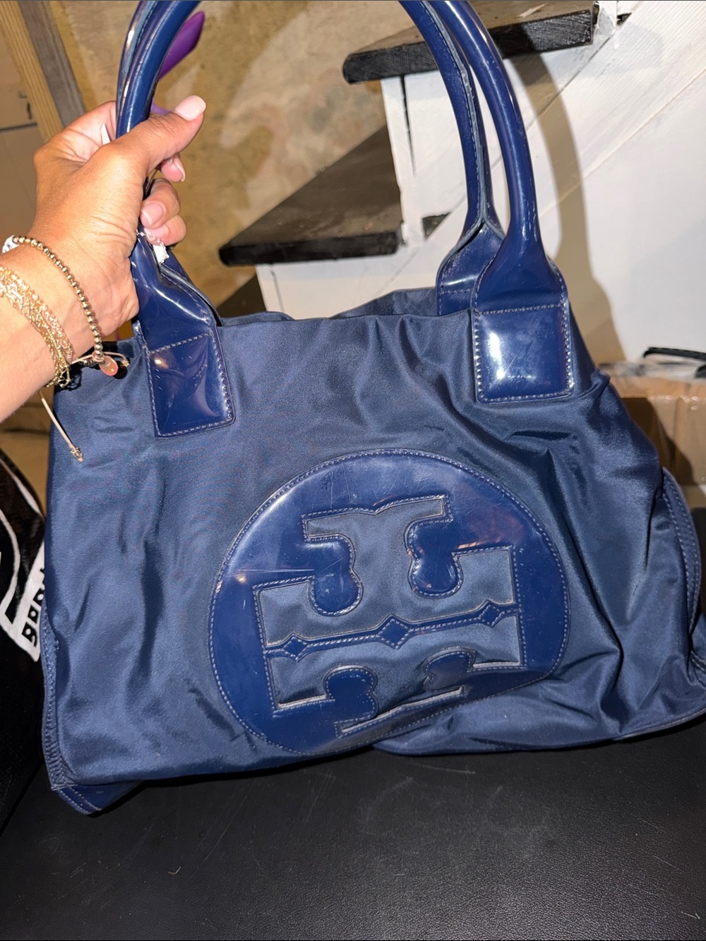 Tory Burch Navy Patent Trim Tote Bag -